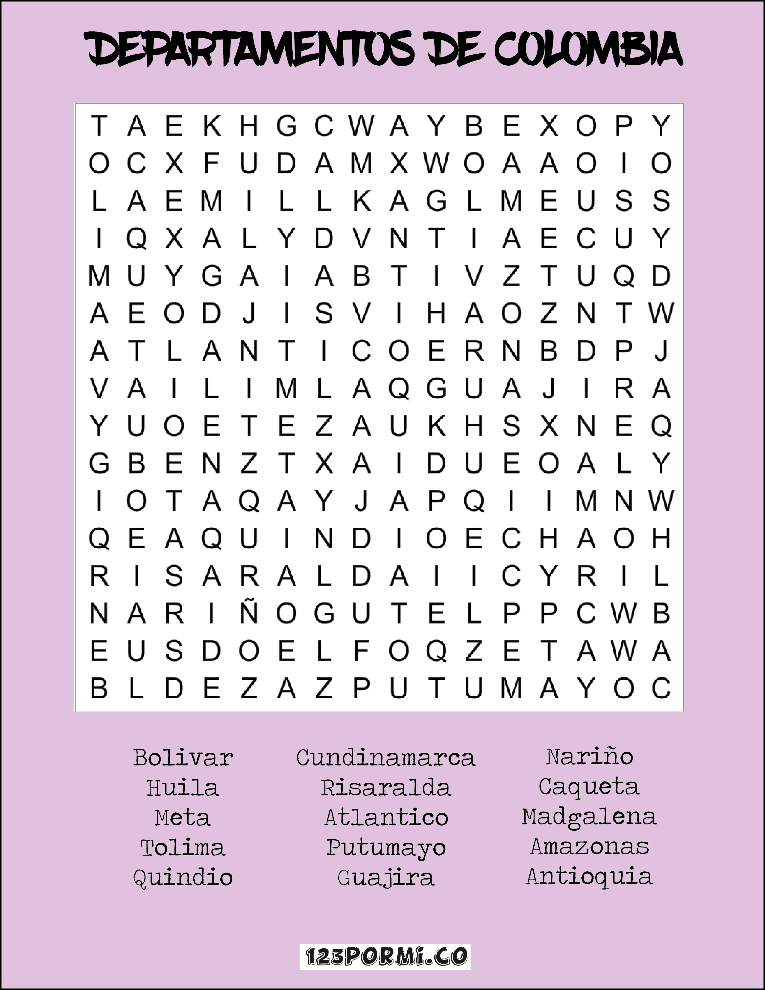 Sopa de letras Departamentos Colombia