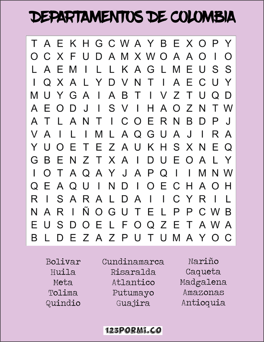 Sopa de letras Departamentos Colombia