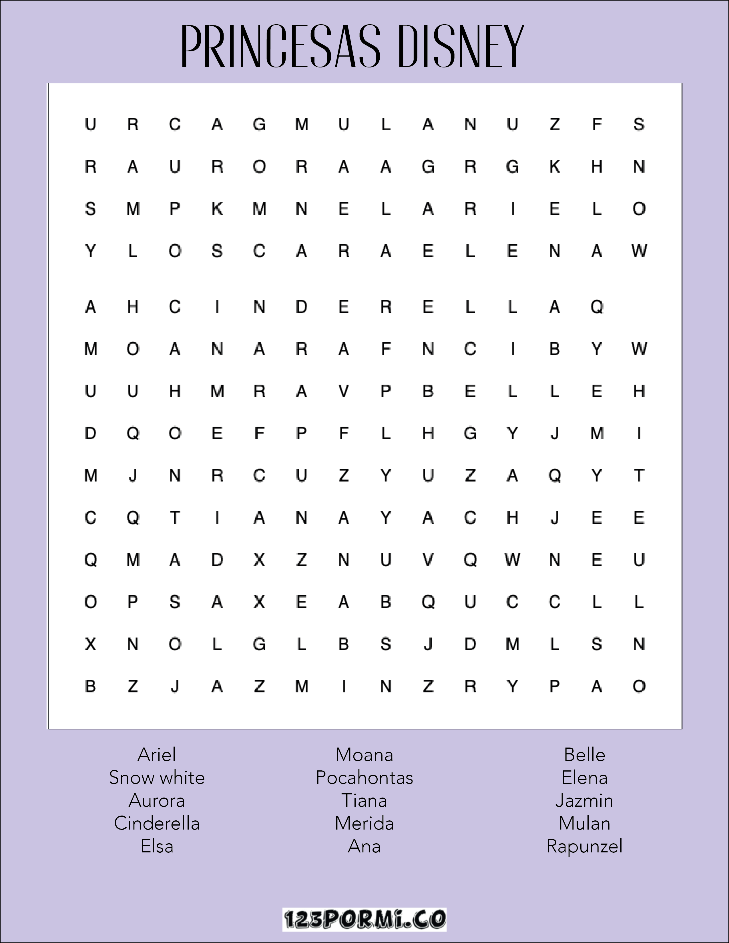 Sopa de letras Princesas Disney – 123 por mi