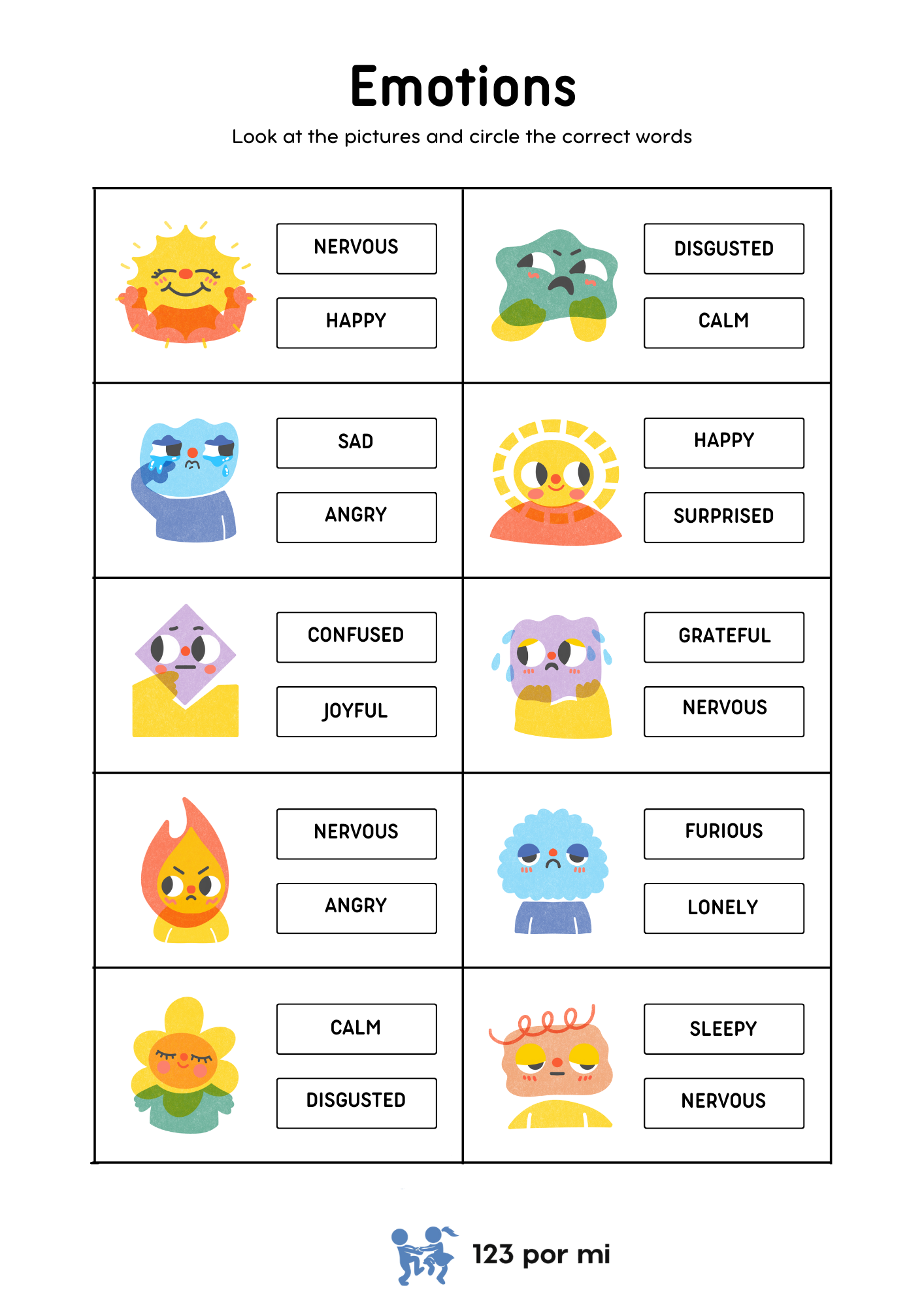 Circle the correct emotions – 123 por mi